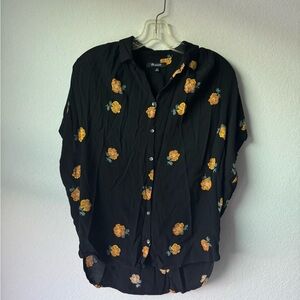 Madewell Floral Button Front Blouse XXS Black Mustard Short Sleeve Top